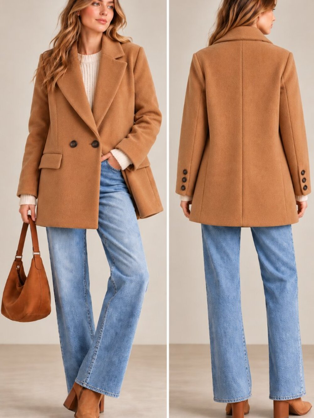 Free People Camel Tan Double Breasted Notch Lapel Coat Jacket XS
